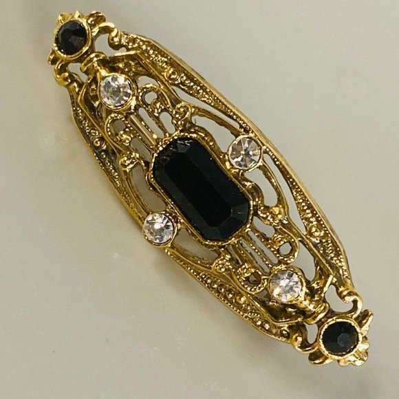 Art Deco Pin Brooch Gold Tone Faux Black Onyx Clear Rhinestone Vintage Jewelry - Picture 2 of 16